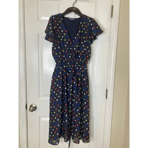 Modcloth fits of bliss short sleeve navy polka dot dress sz M - Picture 2 of 12